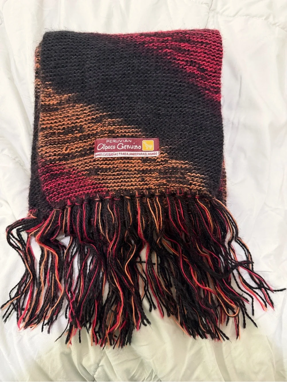 Striped Fringe Knit Scarf in Black, Red & Brown
